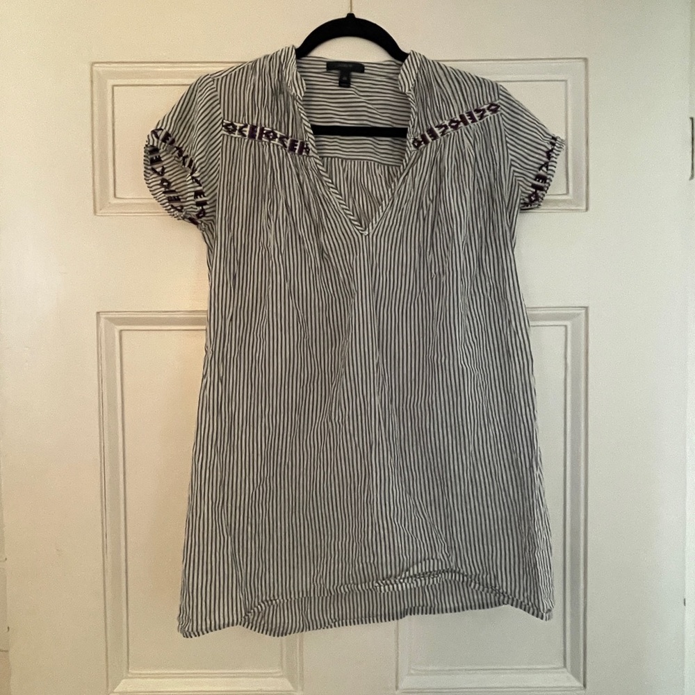 J.Crew Cotton striped blouse with embroidered short sleeves and open neck. Sz XS